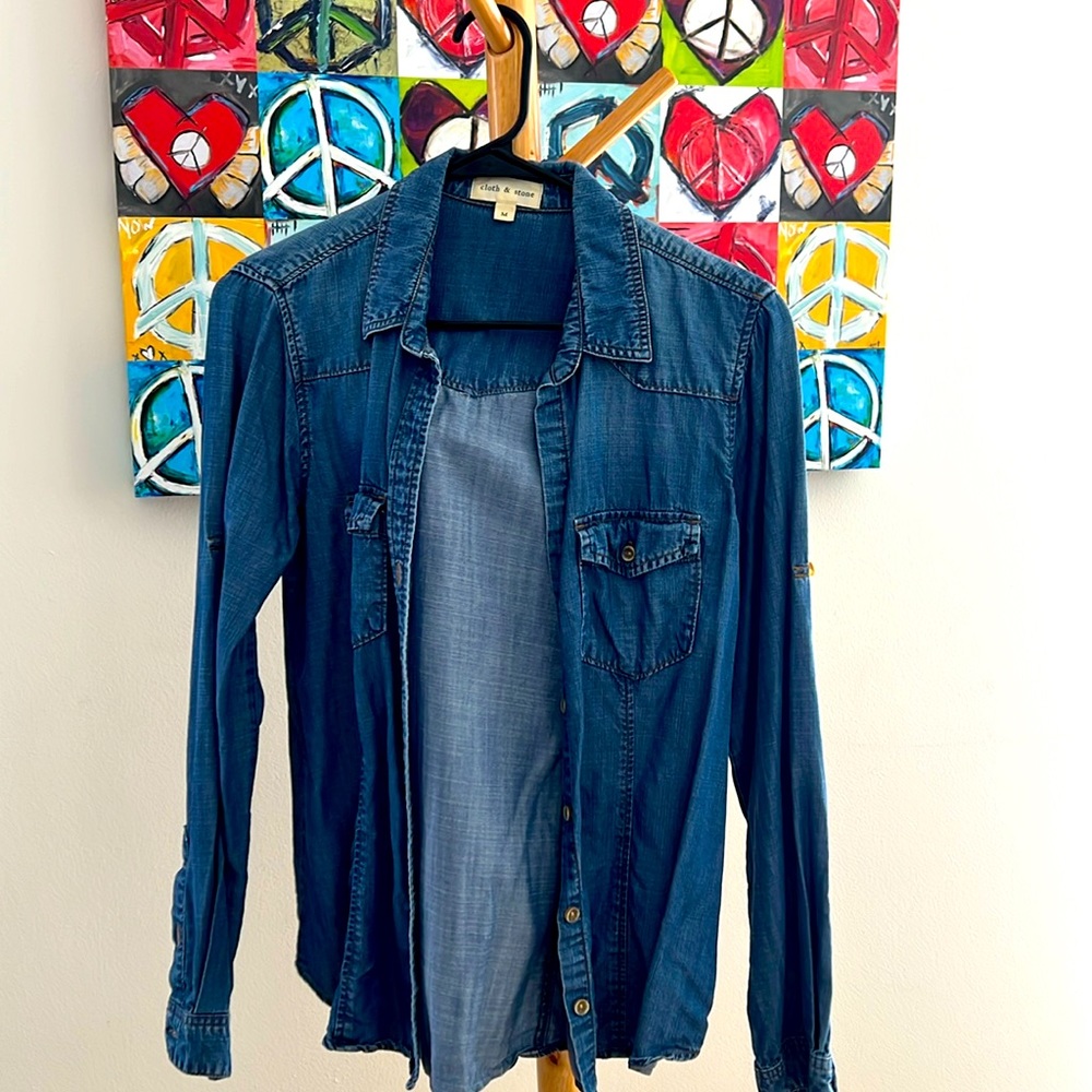 Cloth & Stone Western Chambray Denim Button Up Shirt Blue Womens Size Medium